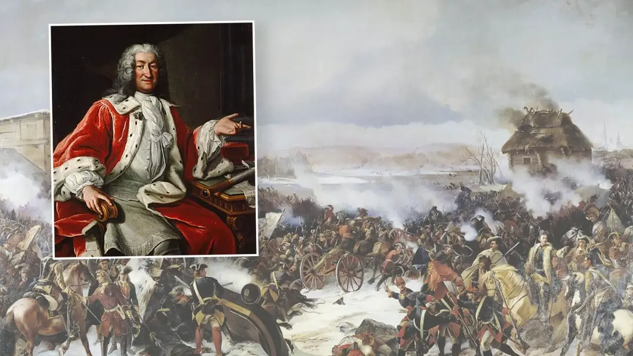 Porträtt av riksrådet Horn i röd hermelinmantel, över ett slagfält i snö.
