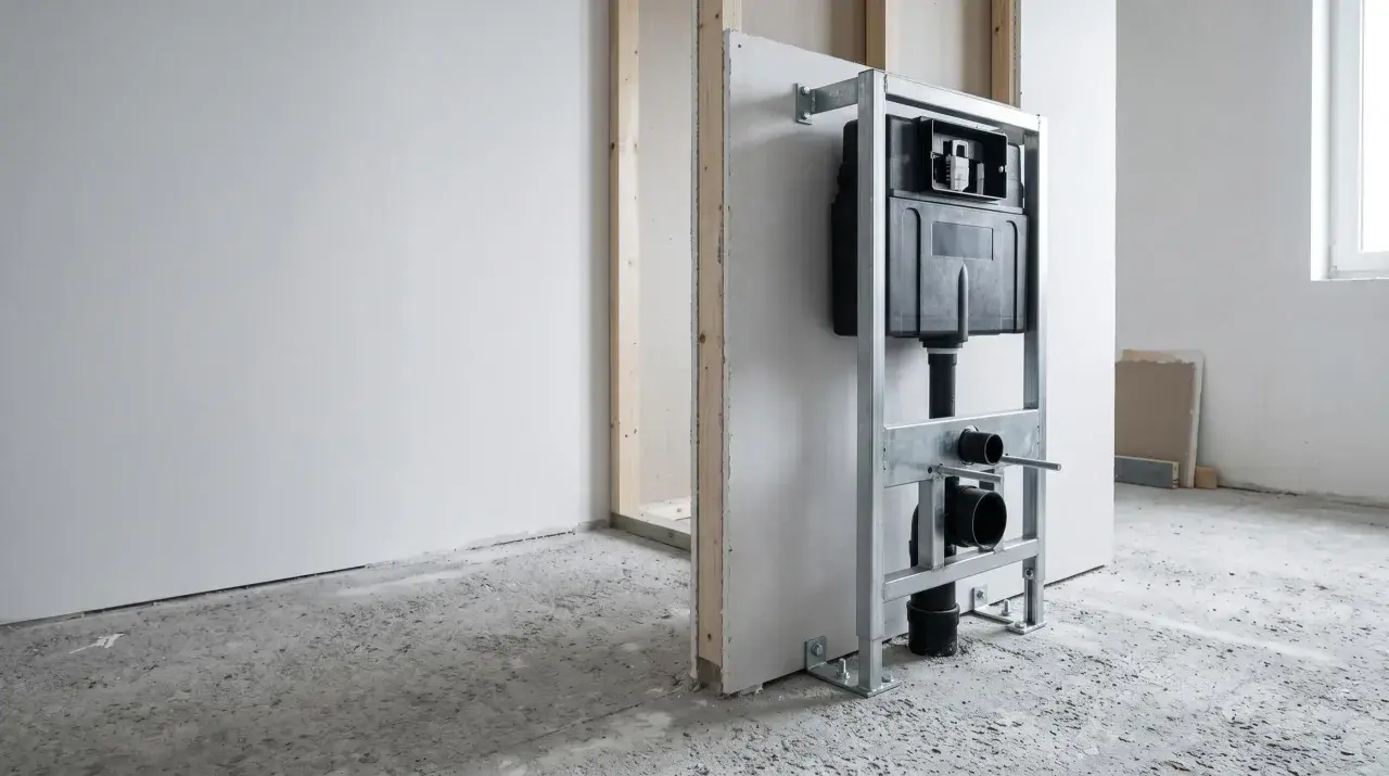 Estructura metálica para instalar un inodoro empotrado. Muestra el sistema de cisternas y tuberías, clave para saber como instalar un inodoro al suelo.