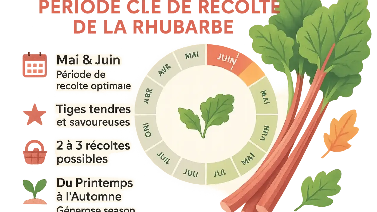 Pied de rhubarbe : récolte optimale en Mai-Juin. Tiges tendres et savoureuses, 2 à 3 récoltes possibles du printemps à l'automne.