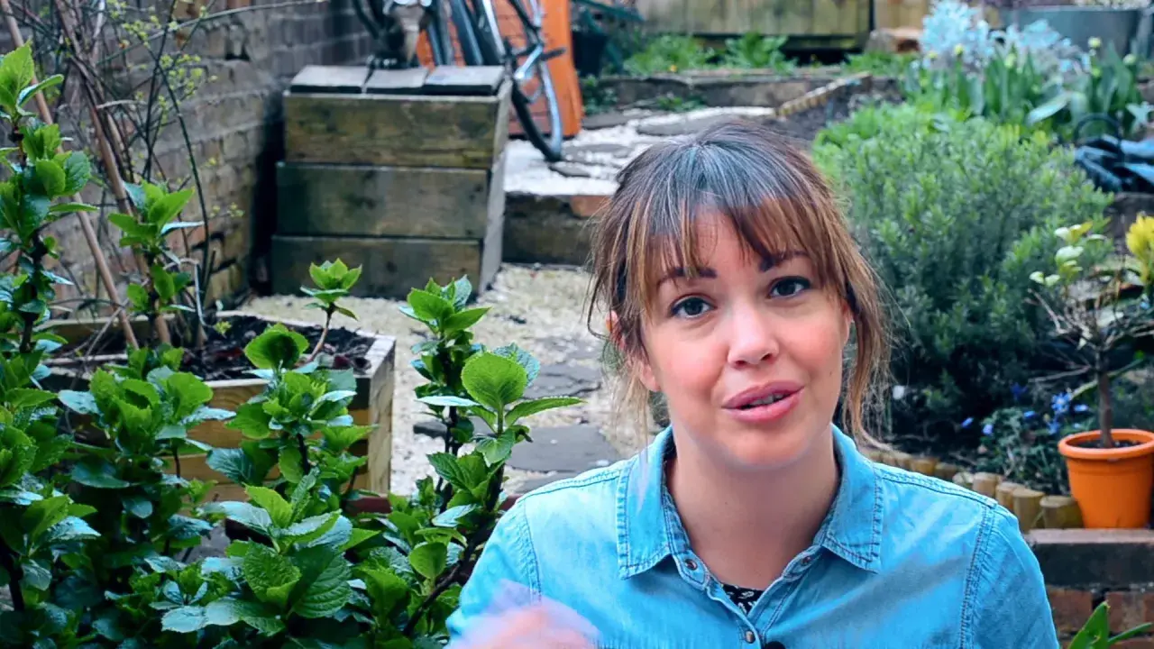 Mujer sonriente en un jardín con plantas verdes y macetas.