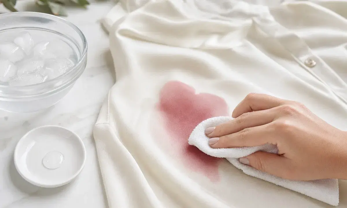 Hand tupft mit einem Tuch einen roten Weinfleck von einem weißen Hemd. Eiswasser und ein Tropfen Reinigungsmittel liegen bereit, um den Rotweinfleck zu entfernen.