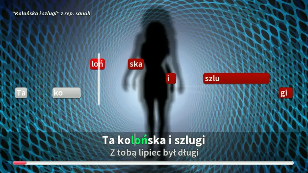 Ta kolońska i szlugi" z rep. sanah. Tekst piosenki wyświetlany na tle sylwetki kobiety w wirze.