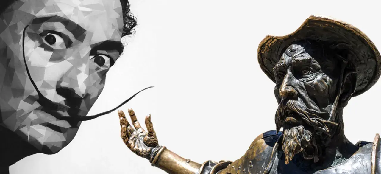 Volto stilizzato di un artista spagnolo famoso, Salvador Dalí, accanto a una statua di Don Chisciotte.