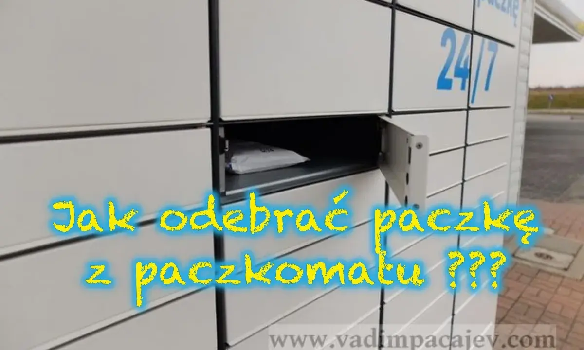 Paczkomat z otwartą skrytką, w której widać paczkę. Napis: "Jak odebrać paczkę z paczkomatu ???". Kupujący nie odebrał przesyłki z paczkomatu.