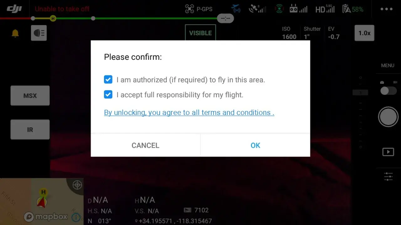 Bestätigung zum dji geo zone freischalten: autorisiert, Verantwortung übernehmen. Durch Freischalten stimmst du den Bedingungen zu.