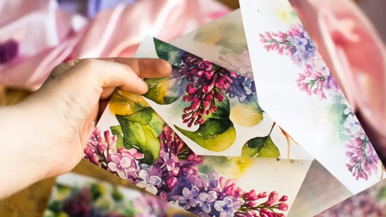 Ręcznie robione zaproszenia diy z motywem bzu. Delikatne akwarelowe kwiaty na papierze tworzą wyjątkową oprawę.