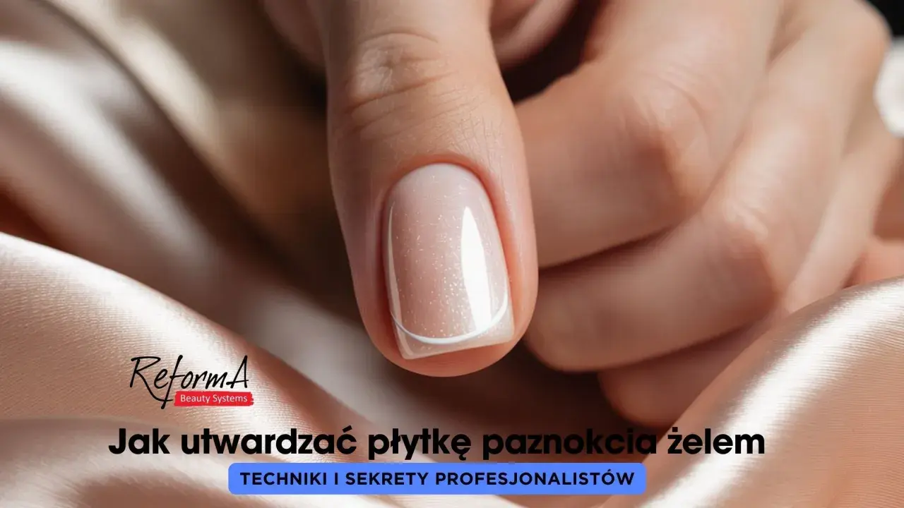 Perfekcyjny manicure z użyciem bazy pod żel. Dłoń z zadbanym paznokciem, ozdobionym subtelnym french manicure.