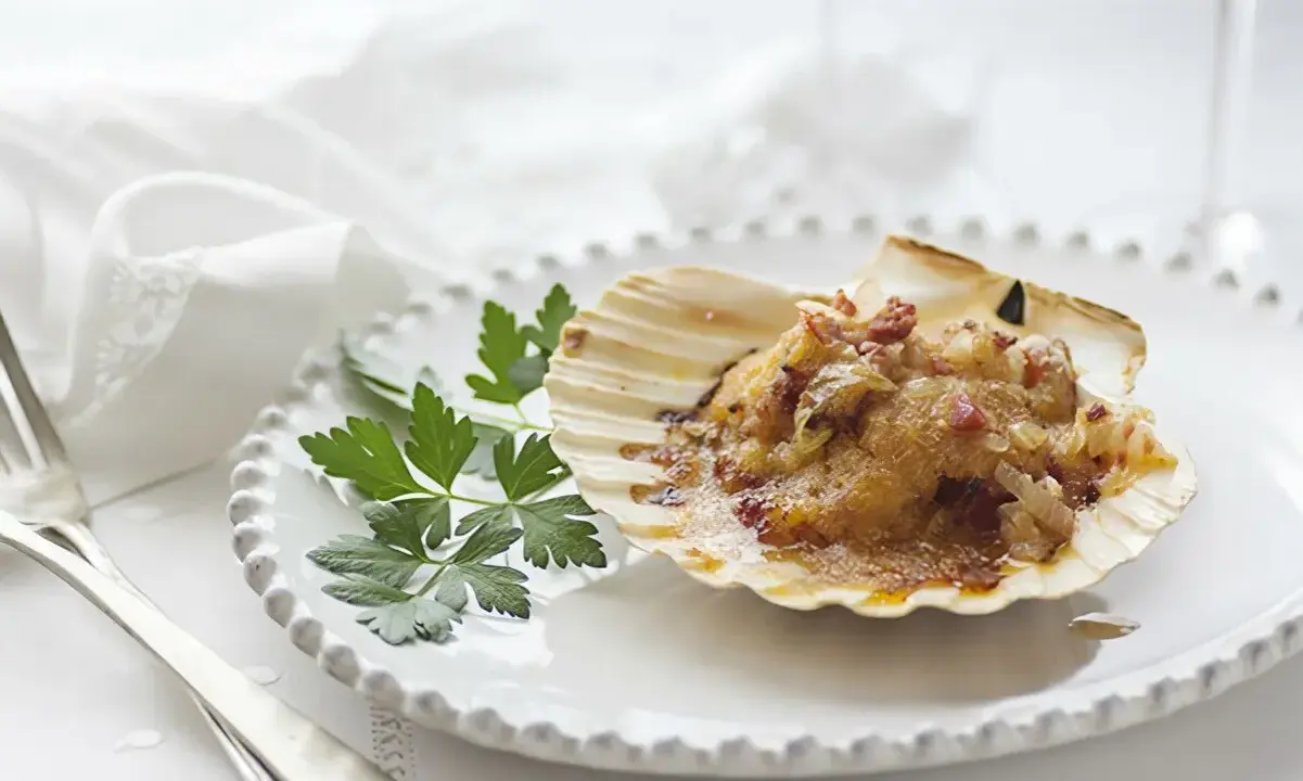 Vieiras a la gallega, un manjar en su concha, adornado con perejil fresco sobre un plato blanco.