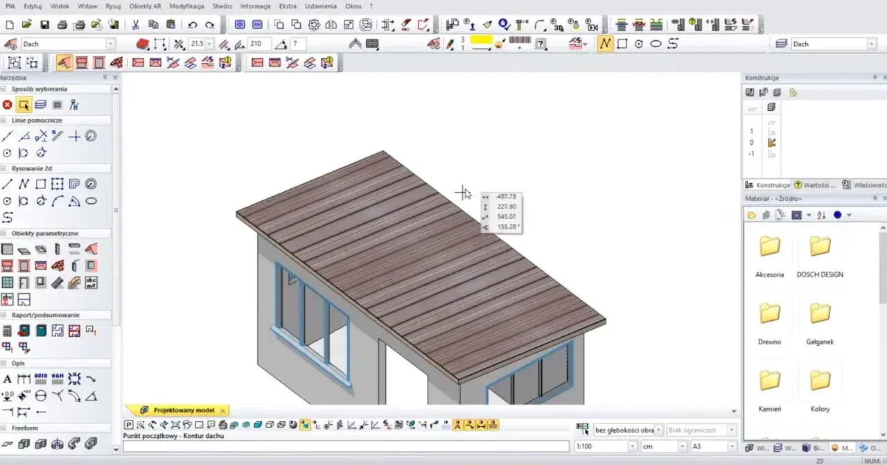Projektowanie dachu jednospadowego w programie CAD. Widok 3D budynku z zaznaczonym dachem.