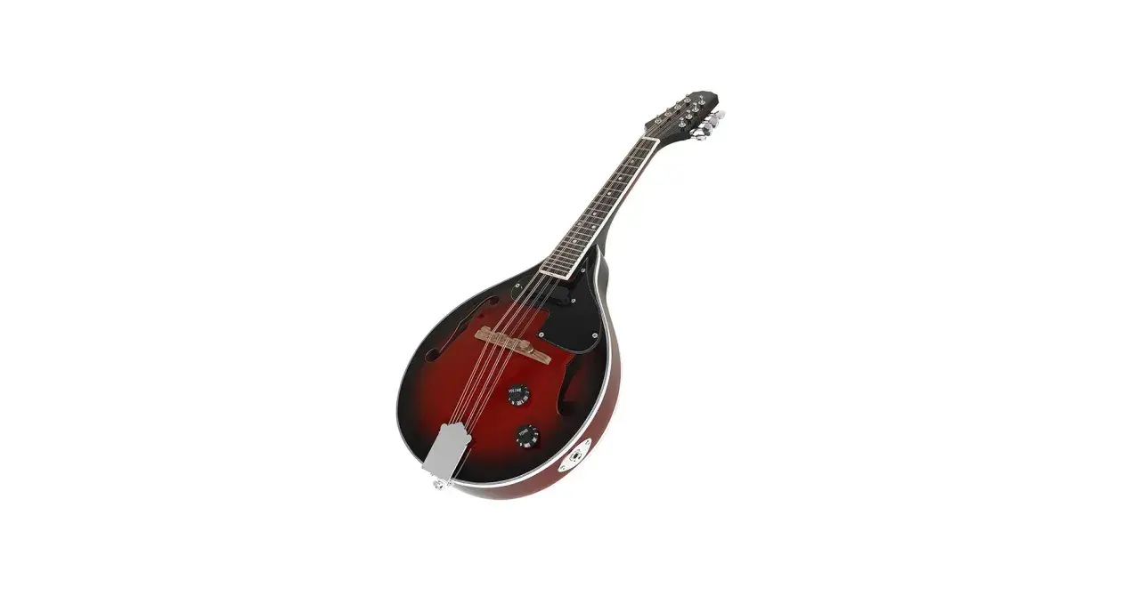 Une mandoline instrument de musique, avec son corps en bois rouge et noir, prête à jouer une mélodie entraînante.