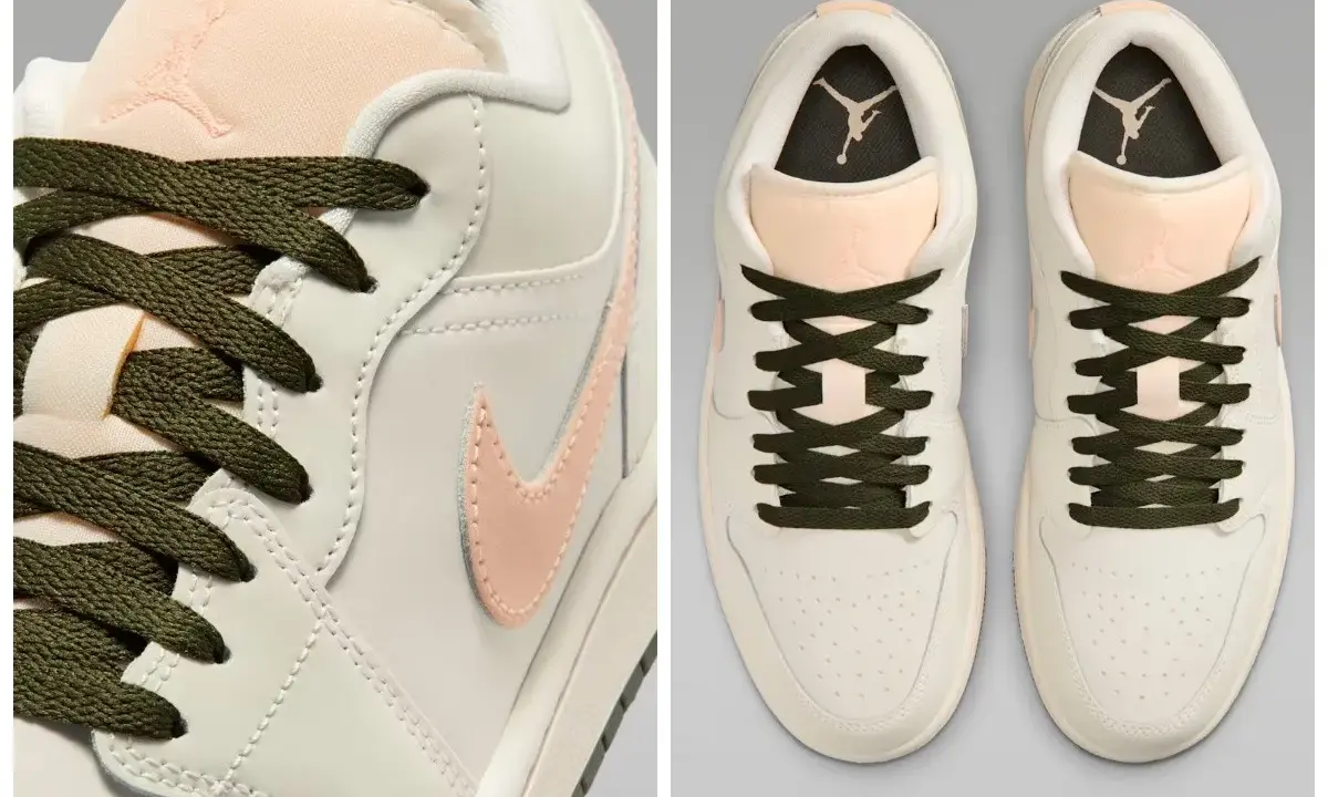 Beżowe sneakersy z brzoskwiniowymi detalami i zielonymi sznurówkami. Logo Jumpman na języku i wkładce. Czy Jordan to Nike? Tak, to ikona stylu.