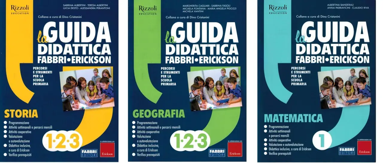 Copertine di libri scolastici "La Guida Didattica Fabbri Erickson" per scuola primaria, con bambini e insegnanti che usano un tablet. Offrono percorsi e strumenti per laboratori creativi.