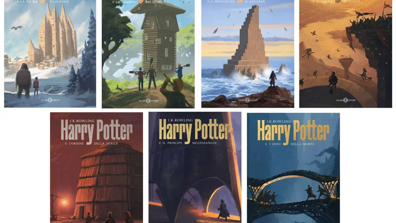 Copertine dei libri di Harry Potter della casa editrice Salani, con illustrazioni evocative delle avventure magiche.