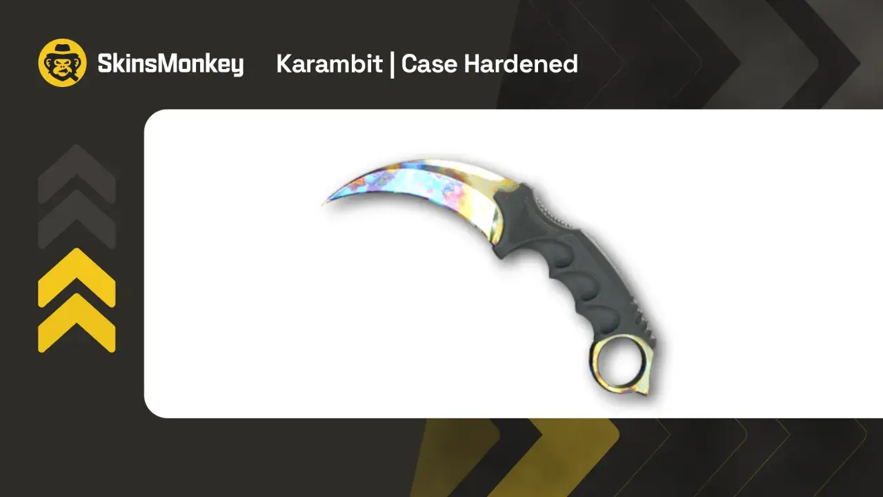 Karambit Case Hardened z CS:GO, jeden z najdroższych skinów, błyszczy tęczowymi barwami.