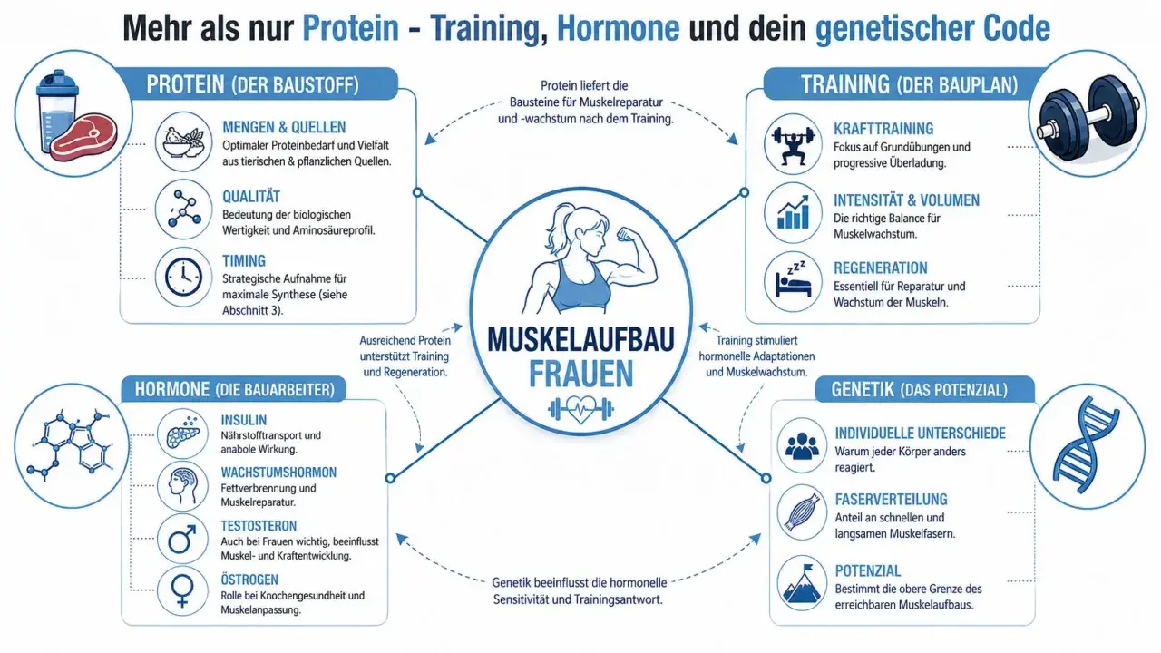 Grafik erklärt Muskelaufbau bei Frauen: Protein, Training, Hormone und Genetik sind Schlüssel für Muskelmasse.