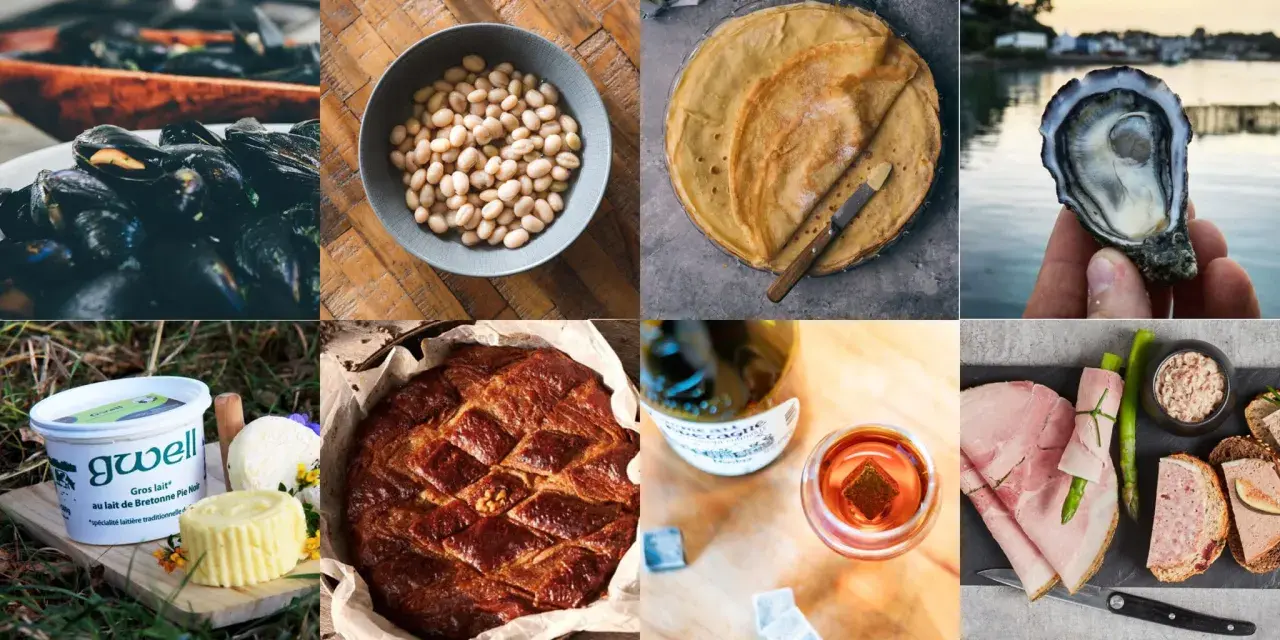 Moule, haricots, crêpes, huître, fromage, gâteau, whisky et charcuterie : un festin de plat typique bretagne.