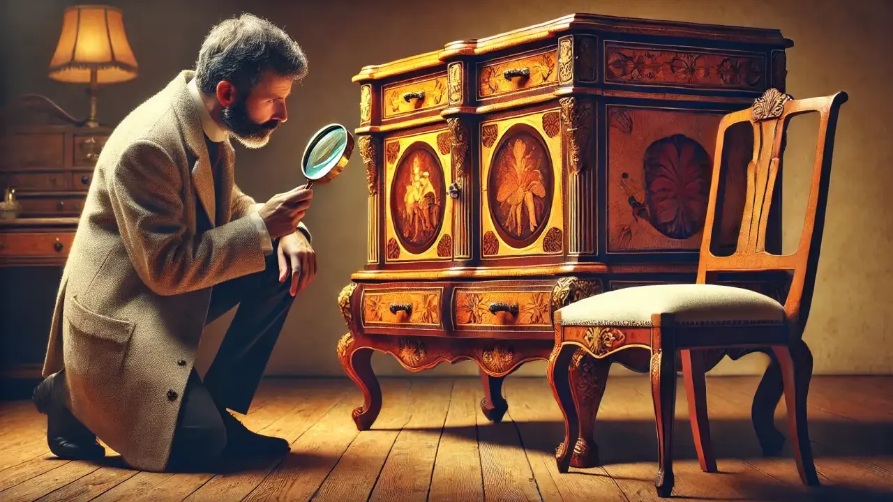 Un homme examine une commode aux caractéristiques style Louis XV, ornée de marqueterie et de sculptures. Une chaise assortie se trouve à côté.