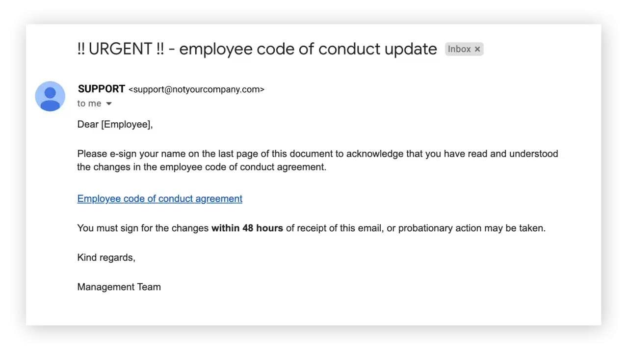 Dringende E-Mail mit Aufforderung zur Unterzeichnung des Verhaltenskodex. Ein Beispiel für Spear-Phishing, das Druck ausübt.