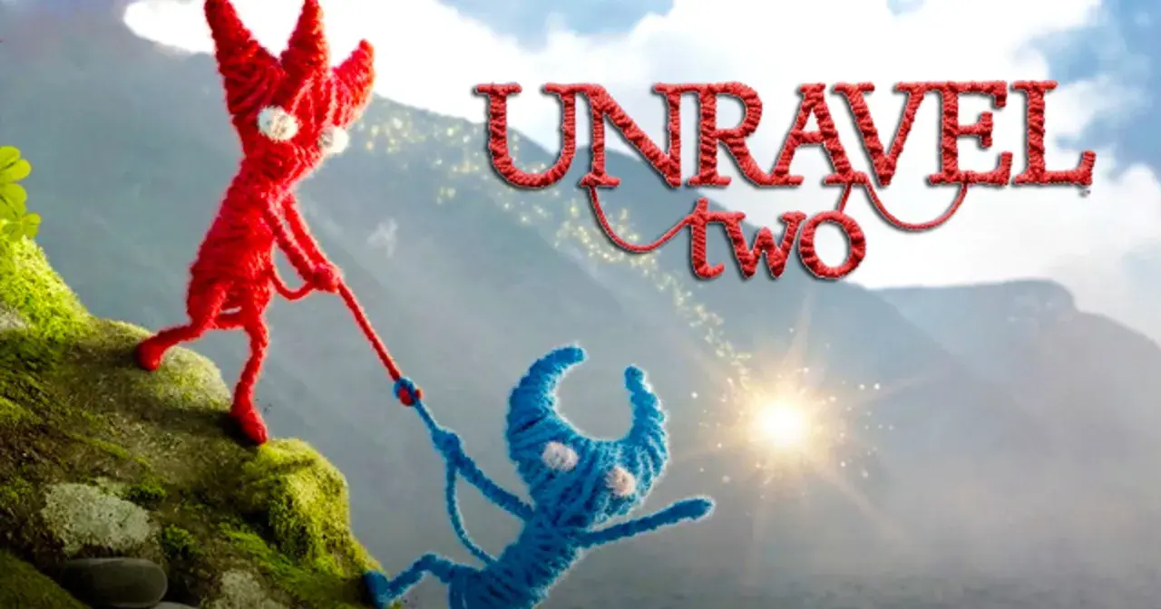 Dwa włóczkowe stworki, czerwony i niebieski, wspinają się po zboczu. Tytuł gry "Unravel Two" widnieje na tle gór.