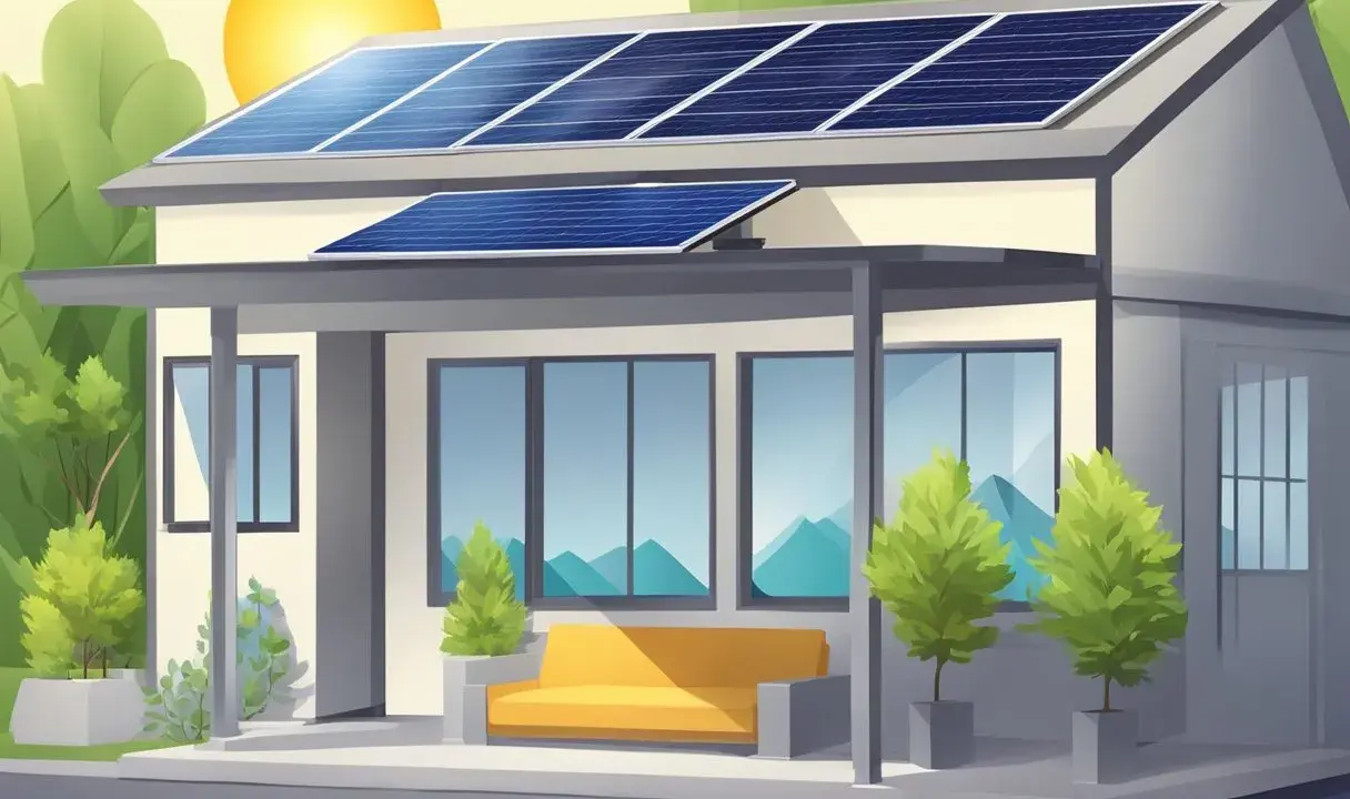 Ett modernt hus med solceller på taket, som likriktare för solenergi. Solen skiner och gröna träd omger huset.