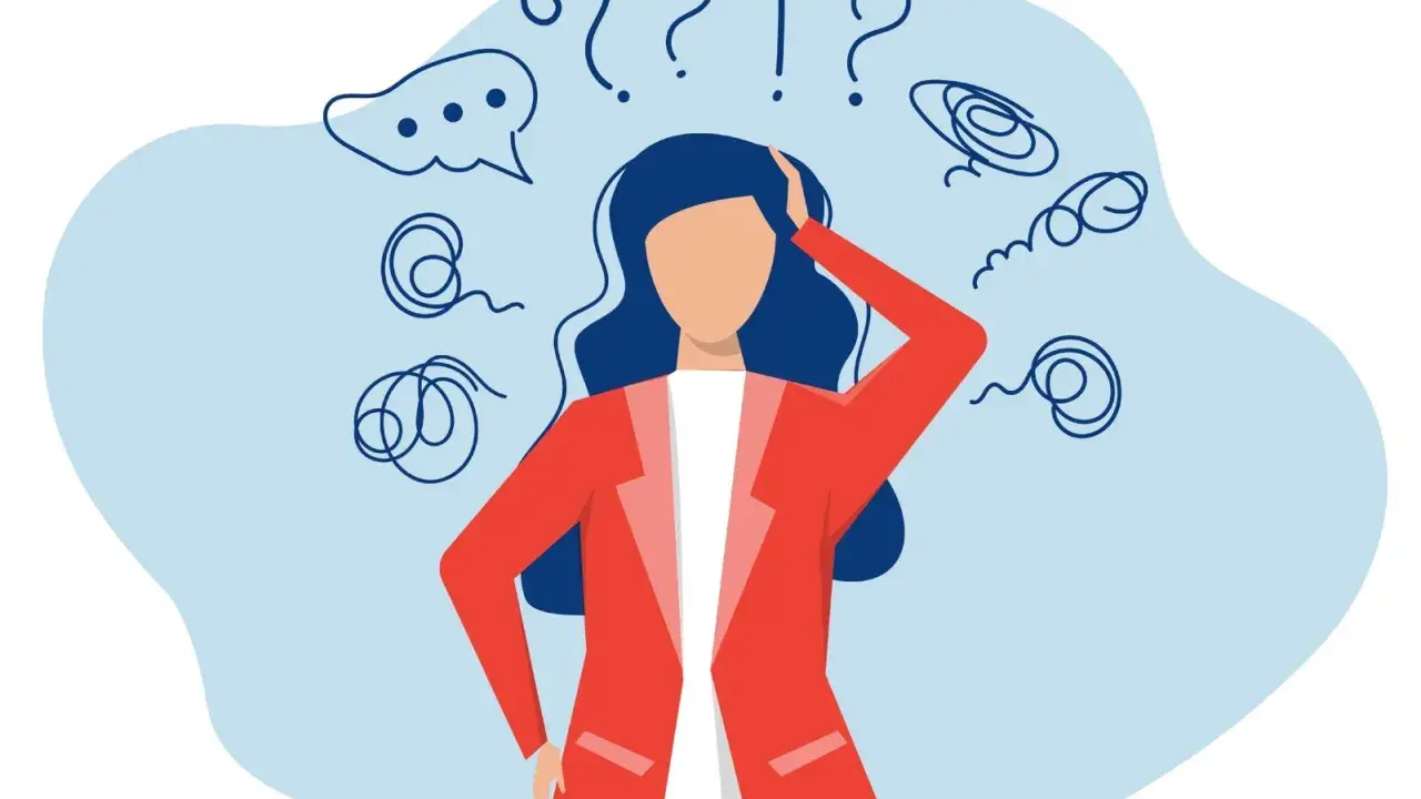 Femme perplexe, entourée de points d'interrogation et de spirales, évoquant le stress ou un test TDah.