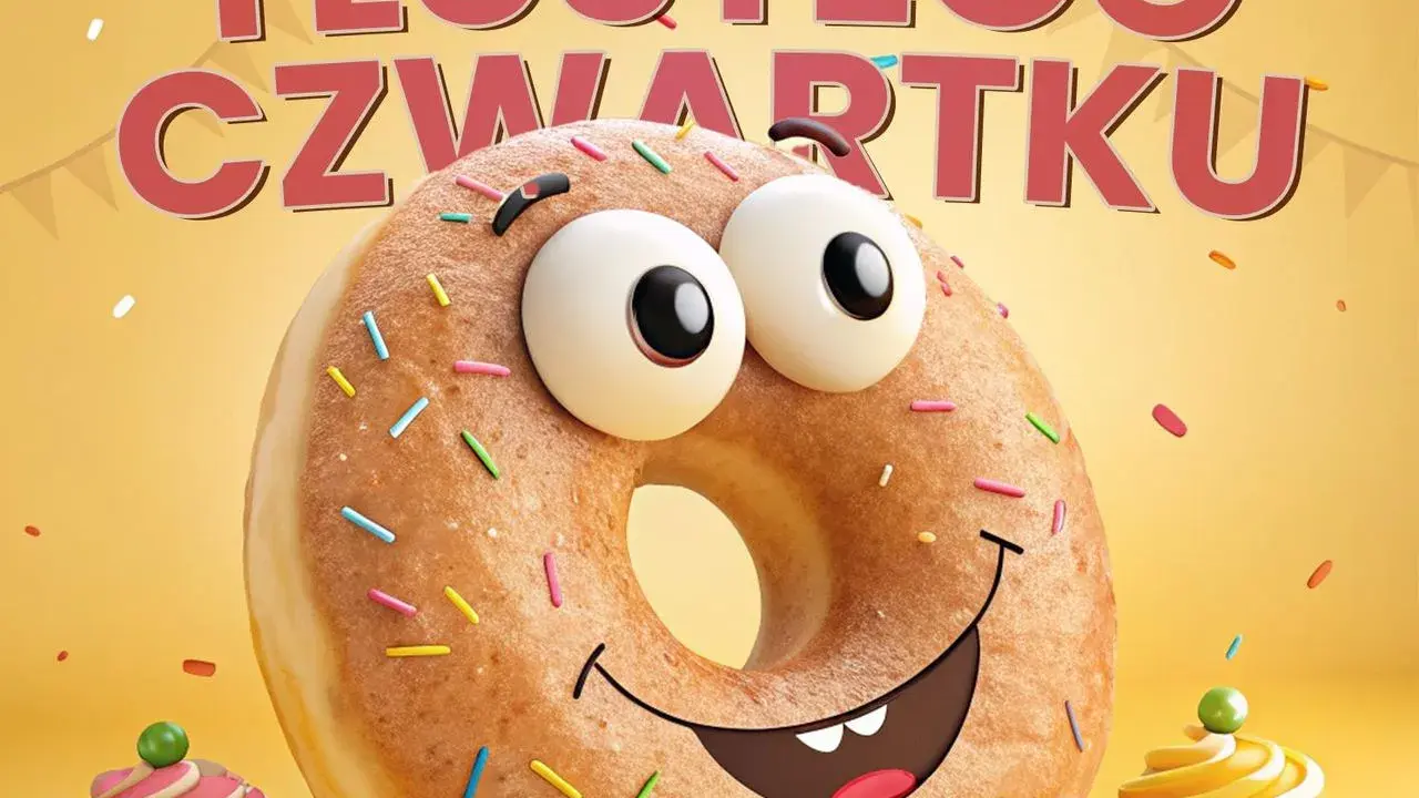 Wesołe życzenia na Tłusty Czwartek od uśmiechniętego pączka z posypką i babeczek.