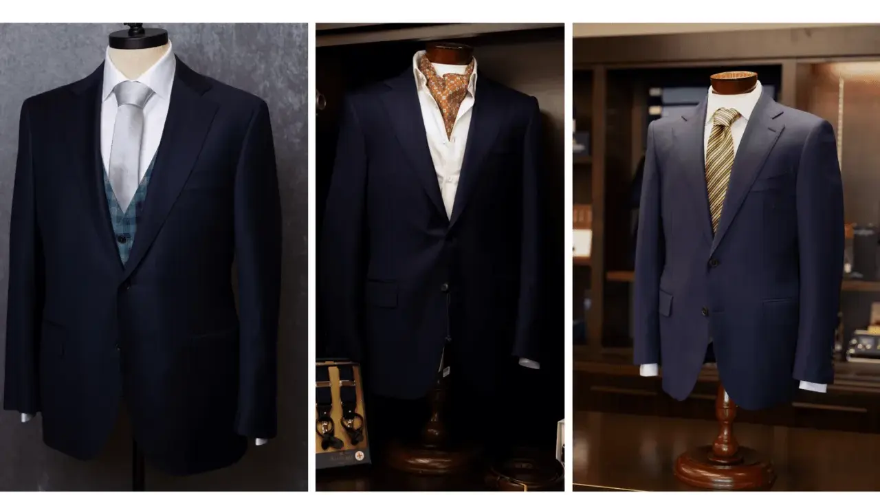 Three navy blue suit colors displayed on mannequins, showcasing different tie and vest combinations for a sophisticated look.