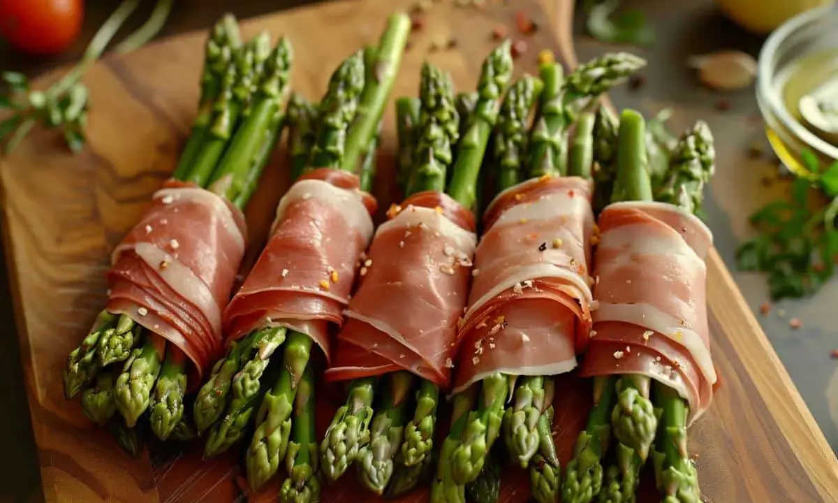 Des asperges au jambon, roulées et assaisonnées, prêtes à être servies comme délicieuses entrées.