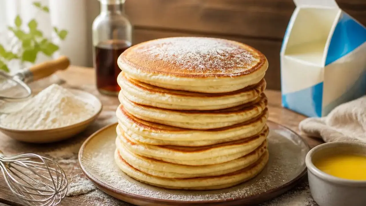 Pile de pancakes moelleux, saupoudrés de sucre glace. La recette parfaite pour un petit-déjeuner gourmand.