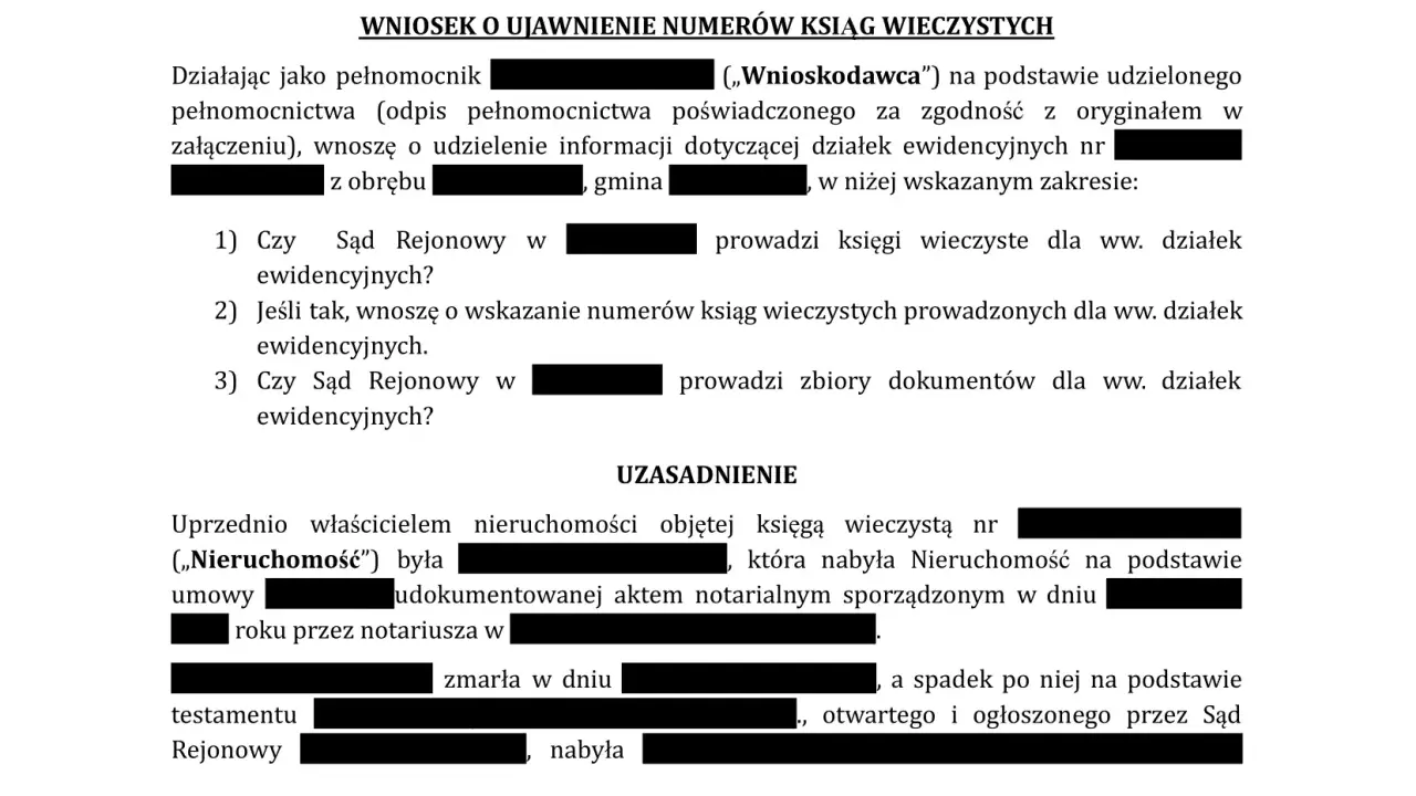 Wniosek o ujawnienie numerów ksiąg wieczystych. Jak sprawdzić księgę wieczystą? Dokument zawiera prośbę o wskazanie numerów ksiąg wieczystych dla działek ewidencyjnych.