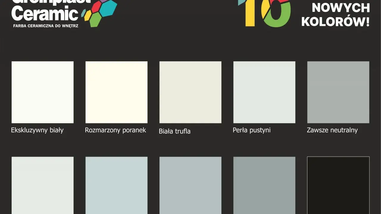 Paleta barw Greinplast Ceramic: od bieli, przez odcienie **kolor popielaty a szary**, po głęboki węgiel.