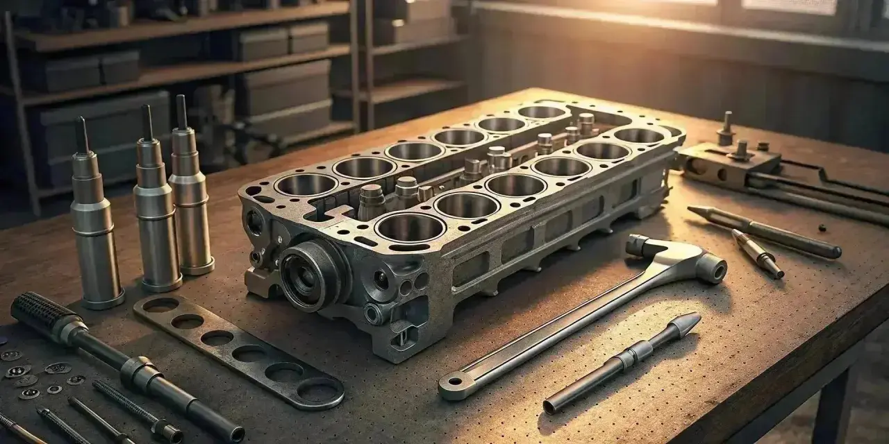 Bloque motor rajado con herramientas de mecánica.