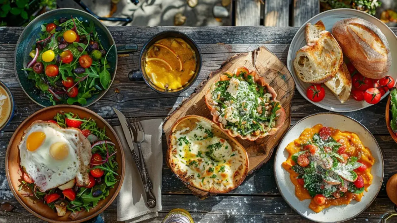 Un festin de paris nourriture : salades fraîches, œufs au plat, pain croustillant, soupe et plats colorés sur une table en bois.