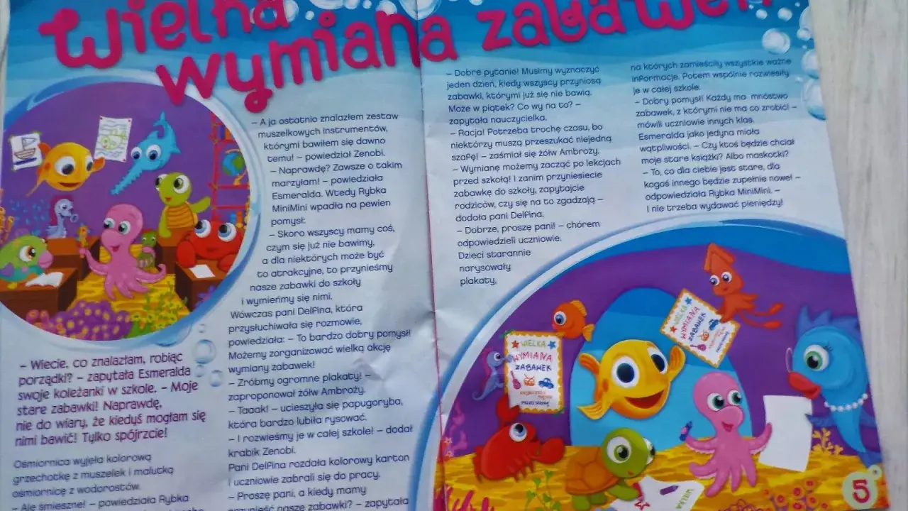 Wielka wymiana zabawek w szkole! Rybka MiniMini i jej przyjaciele organizują akcję, by dać drugie życie starym przedmiotom.