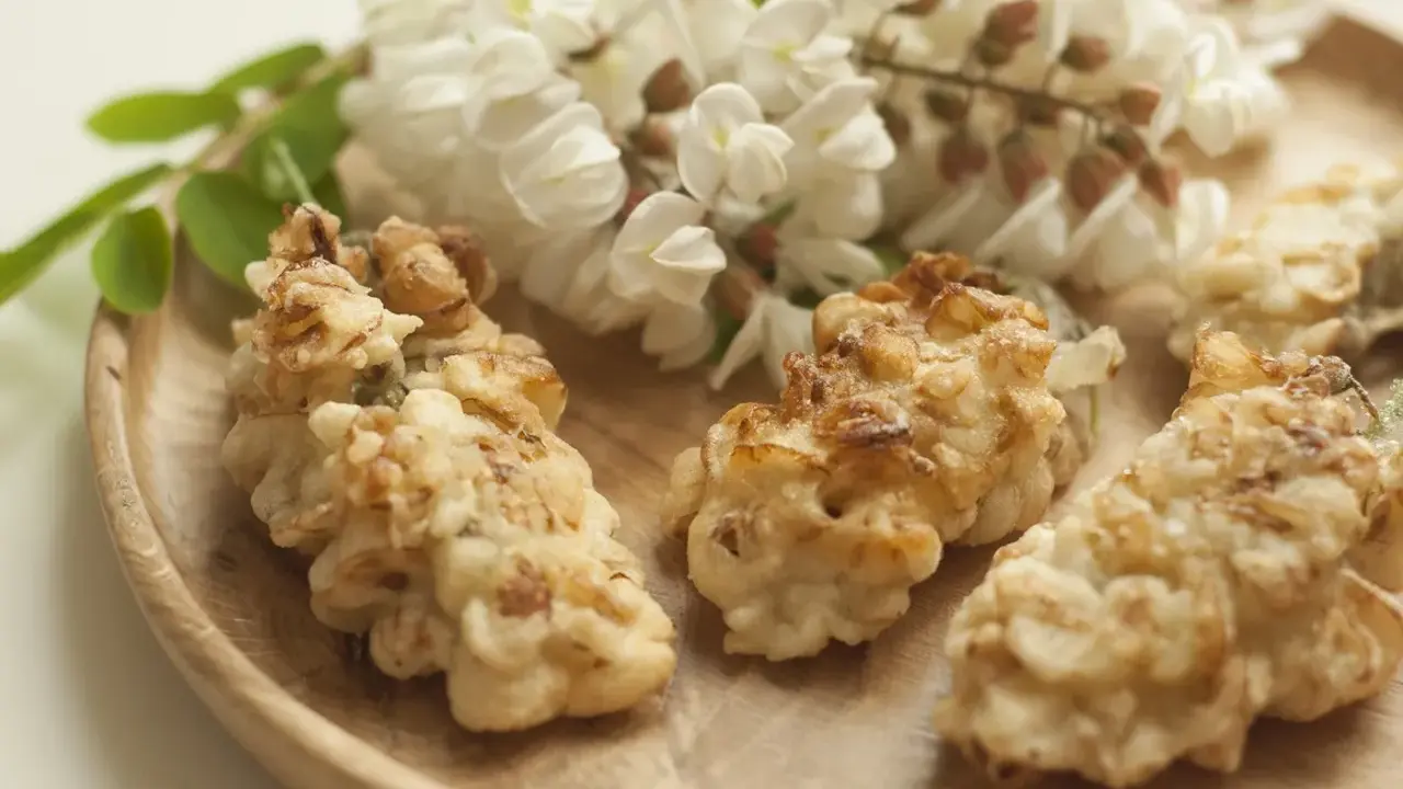 Fiori di acacia fritti, dorati e croccanti, su un piatto di legno, con grappoli di fiori freschi sullo sfondo.