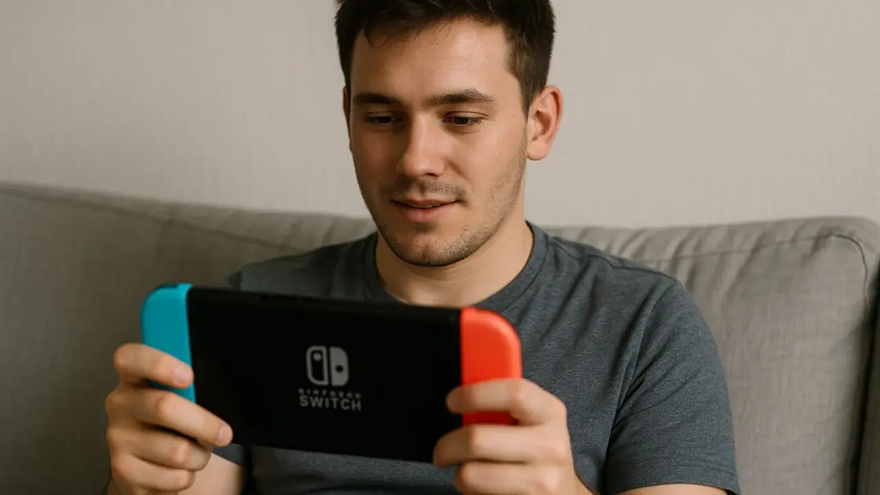 Mężczyzna gra na konsoli Nintendo Switch, szukając najlepszych gier na Switch.