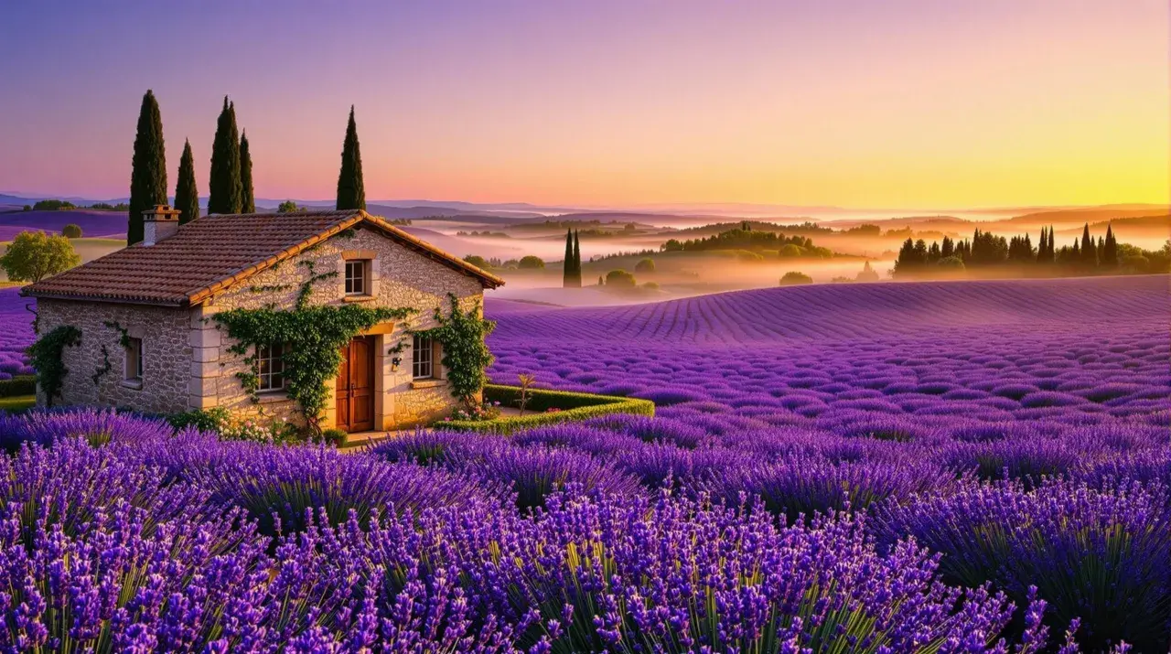 Maison de pierre au milieu d'un champ de floraison lavande, au coucher du soleil. Paysage de Provence.