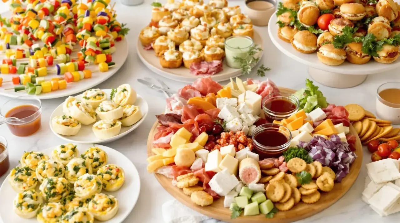 Plateau de petits fours salés froids : brochettes de légumes colorés, roulés, mini-sandwichs et assortiment de fromages et charcuteries.