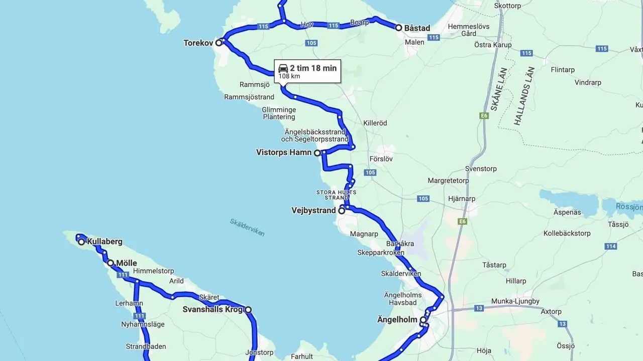 En naturskön rutt på Bjärehalvön, som slingrar sig förbi kustpärlor som Torekov, Båstad och Vejbystrand, med stopp vid Kullaberg och Svanshalls Krog.