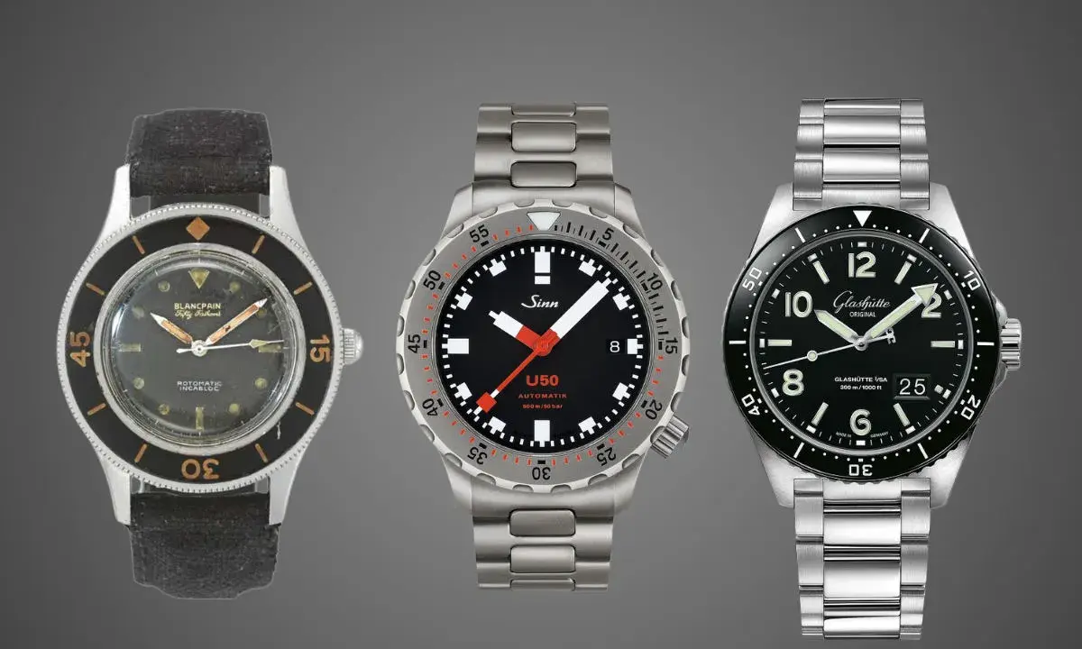 Tre orologi subacquei: Blancpain, Sinn U50 e Glashütte. Il loro significato come "tool watch" è la loro affidabilità in condizioni estreme.