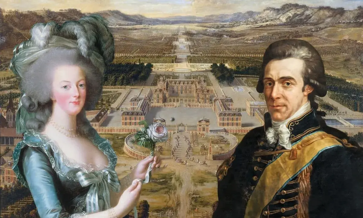 Axel von Fersen och Marie Antoinette framför ett palats. En ros i hennes hand, en blick mot framtiden.
