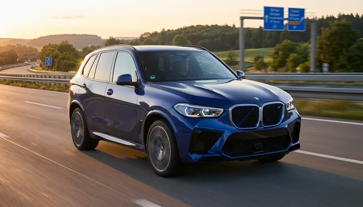 Blauer BMW iX5 Elektro fährt auf der Autobahn bei Sonnenuntergang.