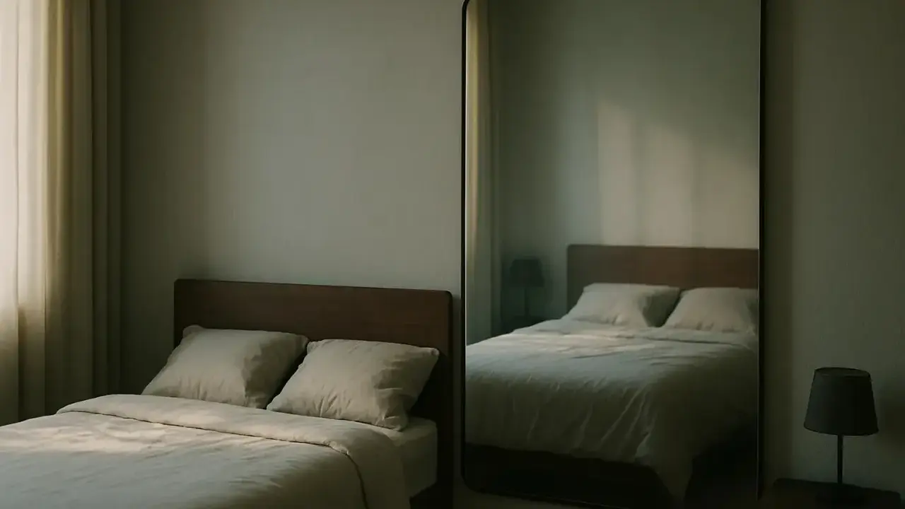 Un grand miroir en face du lit reflète la chambre, créant une impression d'espace et de sérénité. La lumière douce filtre à travers les rideaux.