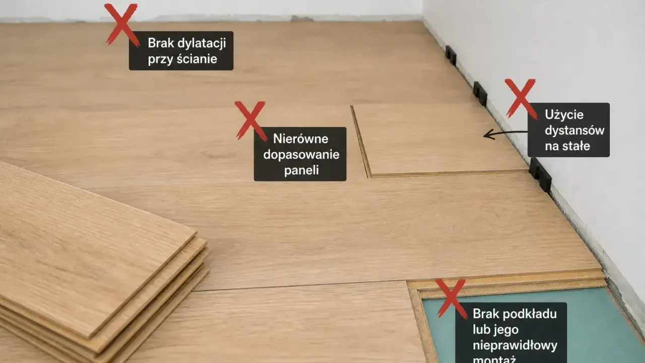 Błędy przy układaniu paneli: brak dylatacji, nierówne dopasowanie, użycie dystansów na stałe, brak podkładu. Poznaj prawidłowy wzór.
