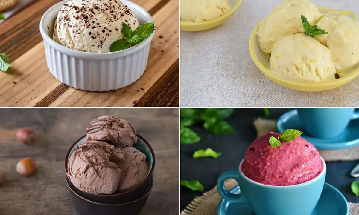 Cuatro deliciosos helados: vainilla con cacao, limón, chocolate y frutos rojos. ¡Ideas para como hacer helado casero!