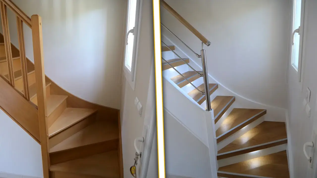 Avant/après : modernisation d'un escalier bois. L'ancien bois brut laisse place à un design épuré avec garde-corps moderne et marches lumineuses.