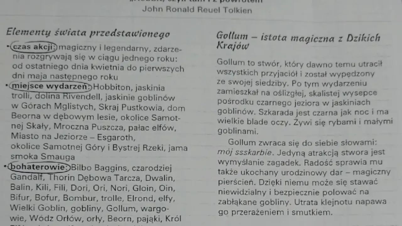 Notatki z lektury "Hobbit, czyli tam i z powrotem". Opis świata przedstawionego, w tym miejsc i bohaterów, oraz charakterystyka Golluma.