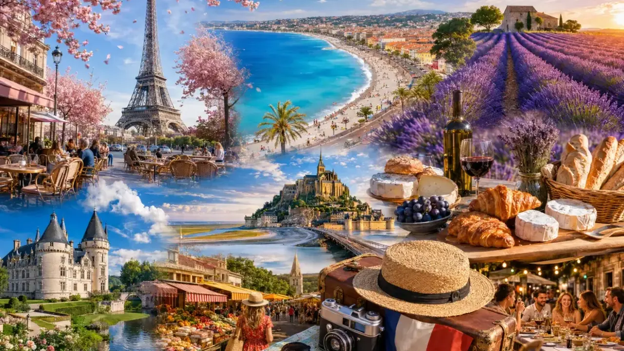 En collage av ikoniska franska resmål: Eiffeltornet, lavendelfält, Mont Saint-Michel, slott och en strandpromenad.