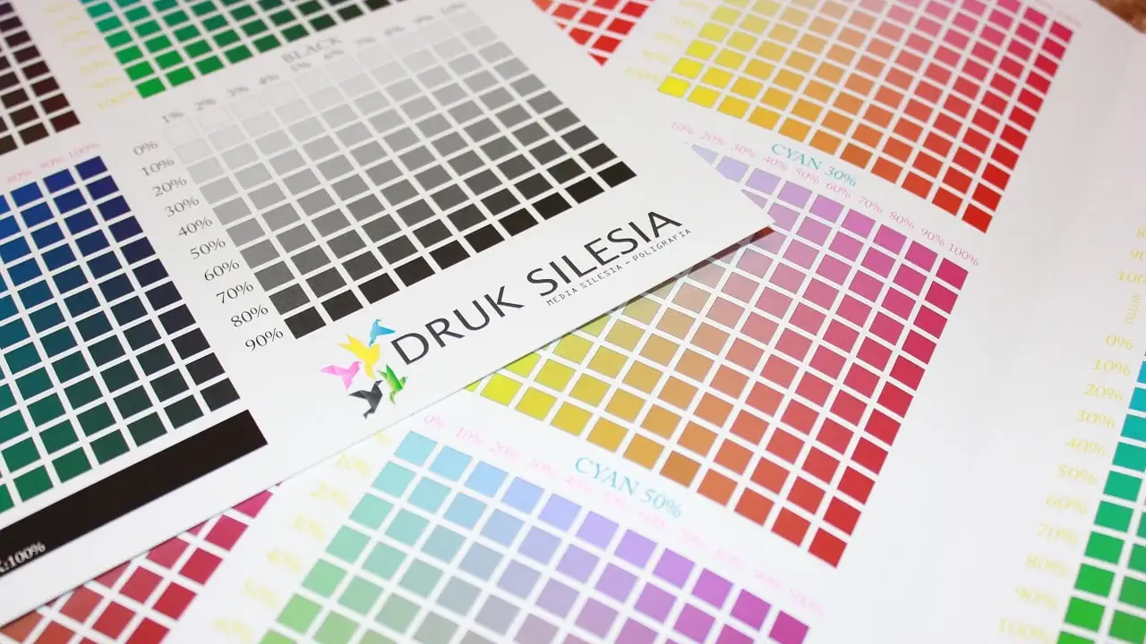 Kolorowe wzorniki i skale szarości na papierze. Logo "DRUK SILESIA MEDIA SILESIA - POLIGRAFIA" świadczy o profesjonalnej drukarni poligraficznej.
