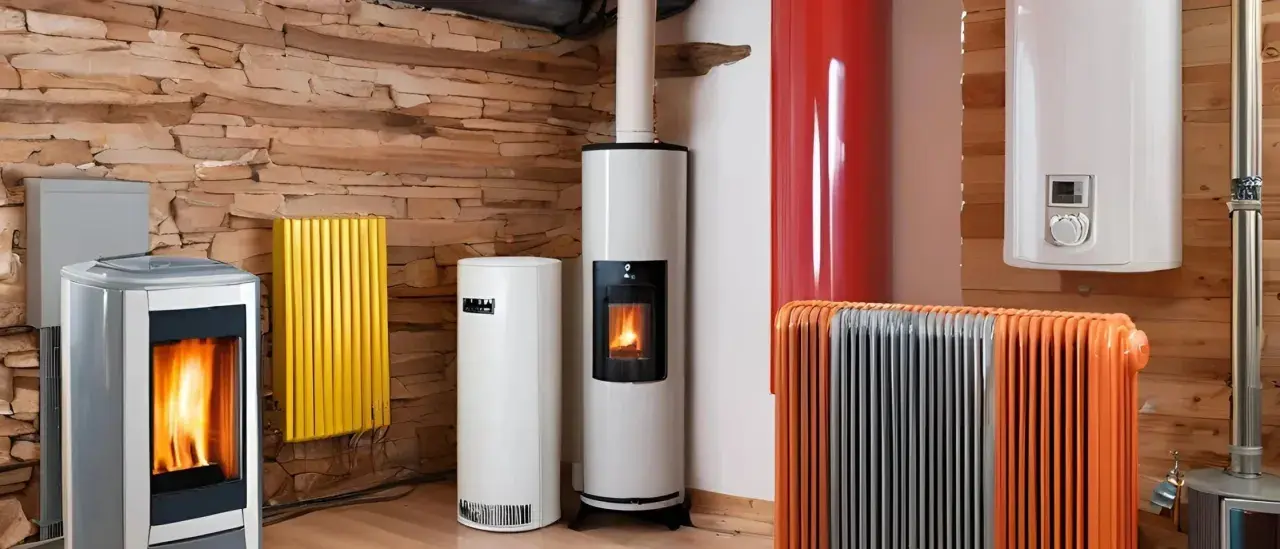 Plusieurs appareils de chauffage, dont des poêles à granulés et des radiateurs, sont alignés sur un mur en pierre. Un système de chauffage naturel pour un intérieur cosy.
